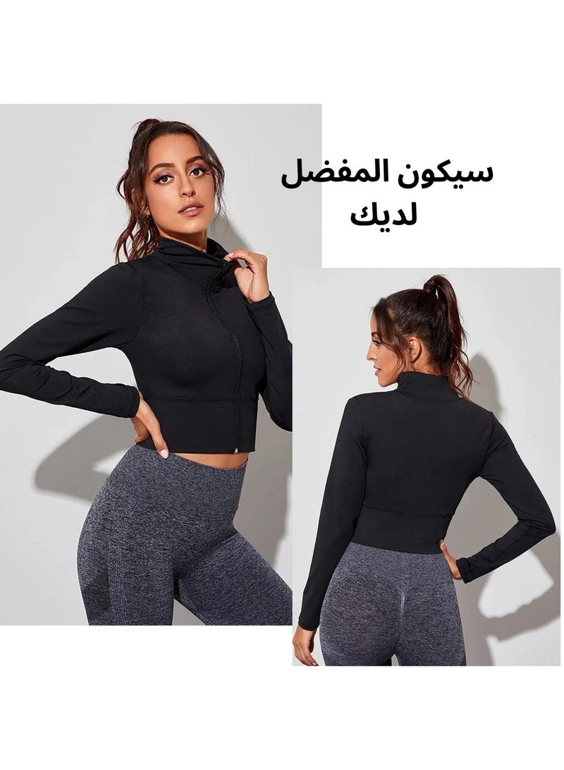 High Quality Crop Top Jacket For Women Workout Fitness Crop Tops Sweatshirt Cropped Hoodie Sports T-Shirt For High Support Activities Like Running Field Sports And Aerobics Black Color