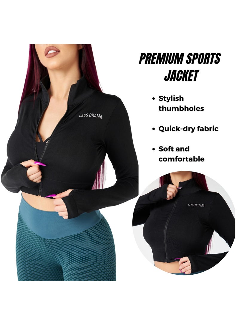 High Quality Crop Top Jacket For Women Workout Fitness Crop Tops Sweatshirt Cropped Hoodie Sports T-Shirt For High Support Activities Like Running Field Sports And Aerobics Black Color