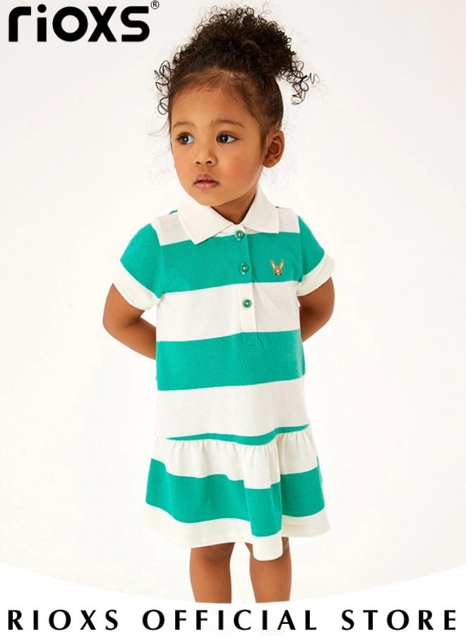 Toddlers Kids Girls Short Sleeve Button Up A Line Dress Round Neck Knitted 100% Cotton Princess Summer Doll Collar Dress