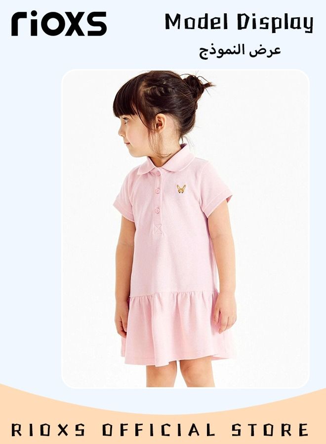 Toddlers Kids Girls Short Sleeve Button Up A Line Dress Round Neck Knitted 100% Cotton Princess Summer Doll Collar Dress