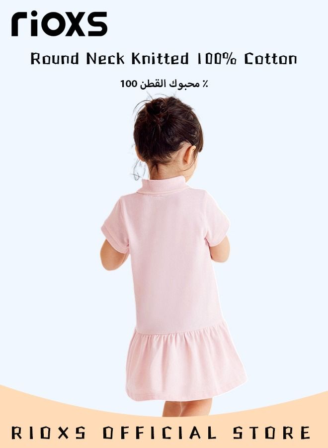 Toddlers Kids Girls Short Sleeve Button Up A Line Dress Round Neck Knitted 100% Cotton Princess Summer Doll Collar Dress