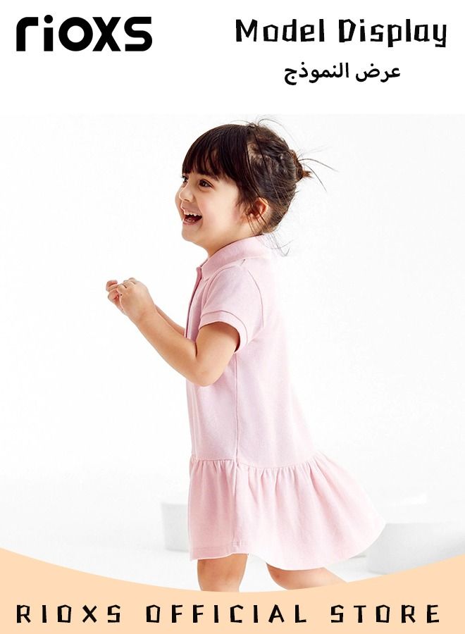 Toddlers Kids Girls Short Sleeve Button Up A Line Dress Round Neck Knitted 100% Cotton Princess Summer Doll Collar Dress