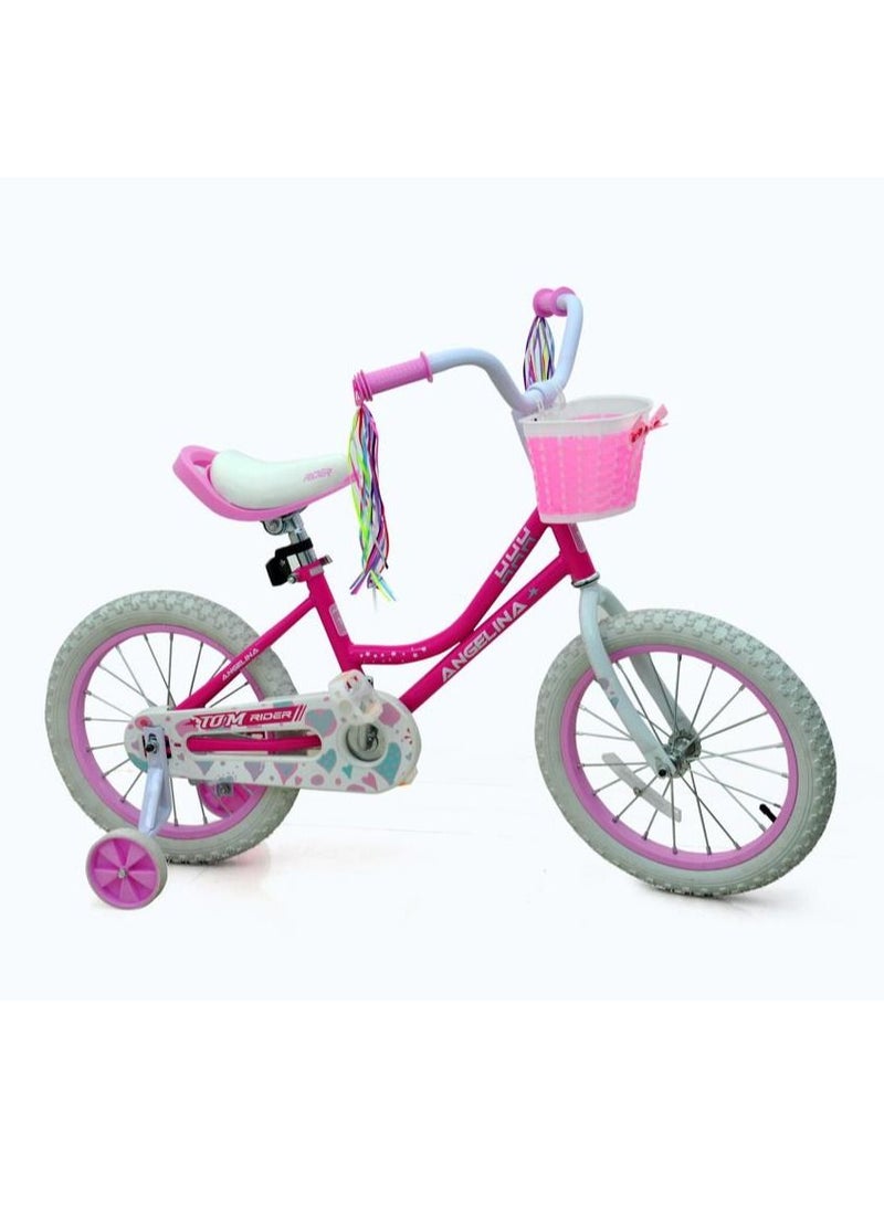 Angelina Girls Kids Bicycle 16 Inch Basket Training Wheels Kickstand Pink Child's Cycle Coaster Brakes Pedal Back Brake System With White Tires Pink Color Girl Cycle Small Size 16 Inch