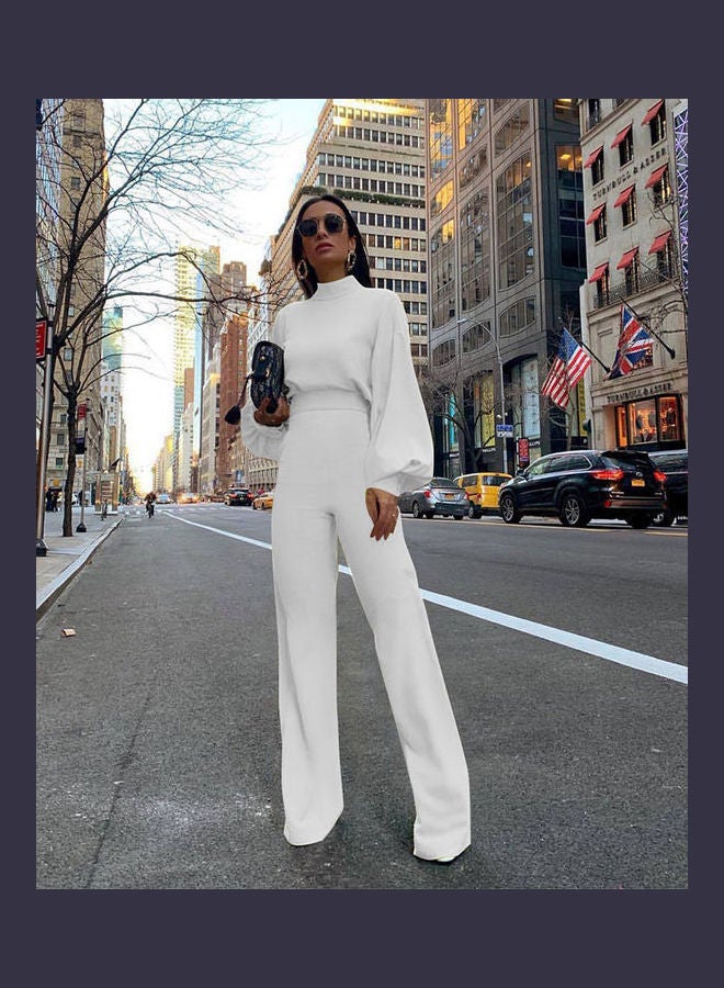Backless Long Sleeve Casual Jumpsuit Pants White