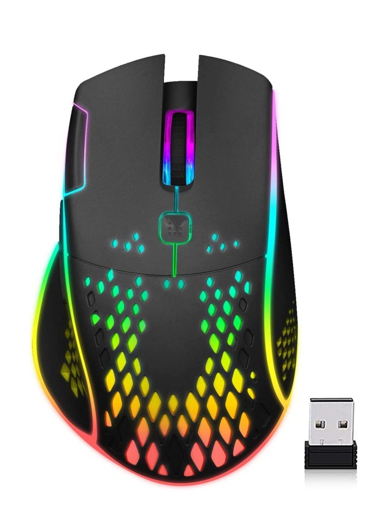 Wireless Gaming Mouse, Wireless Mouse Rechargeable Honeycomb Wireless Gaming Mouse with RGB Light USB Receiver USB Cable Adjustable DPI, Black