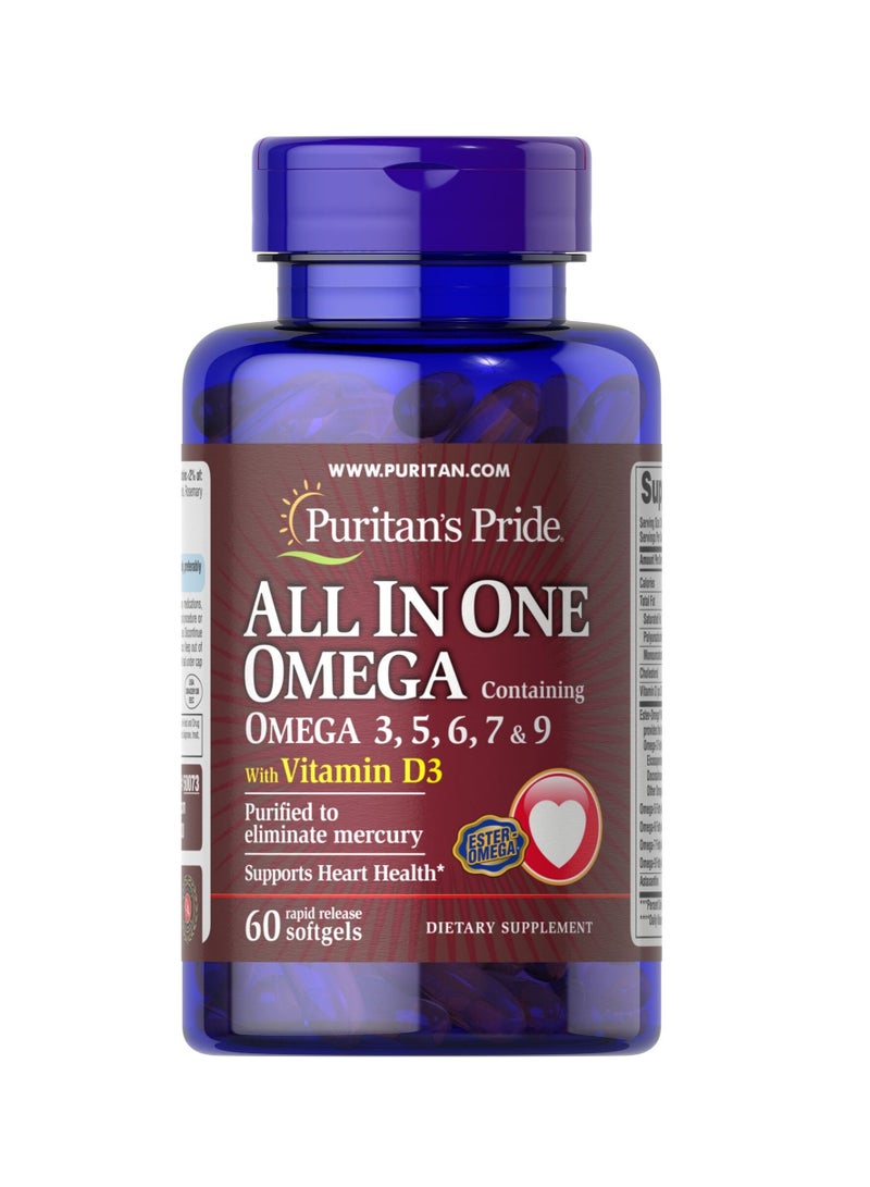 All in One Omega 3, 5, 6, 7 & 9 with Vitamin D3 60 softgels