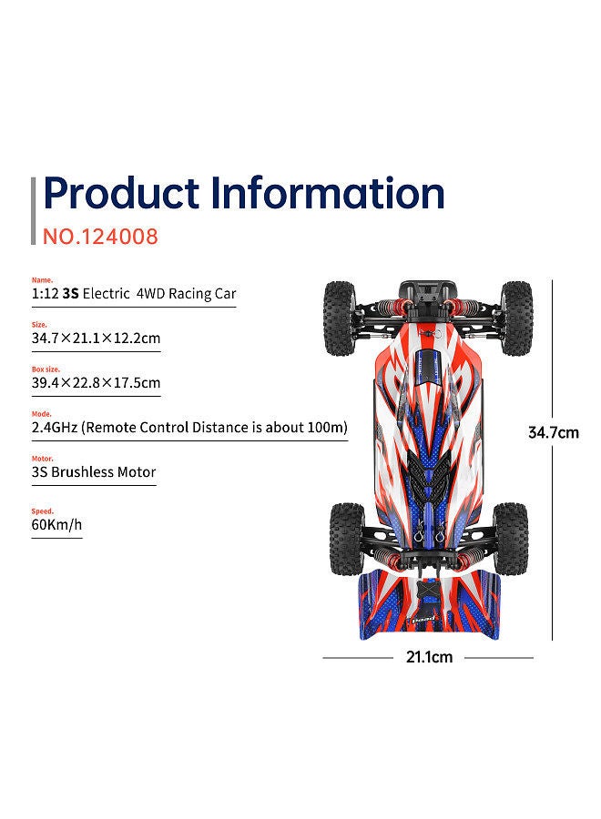 WLtoys 124008 Remote Control Car 1/12 2.4GHz 60KM/H High Speed Off Road Car Brushless 4WD Vehicle 11.1V 1300mAh Gifts for Kids Adults
