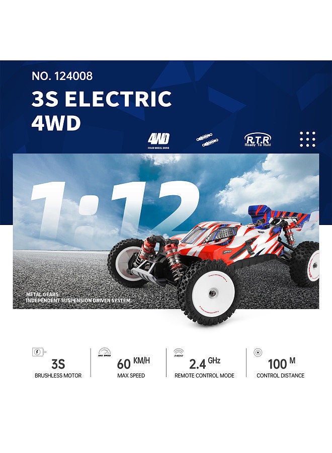 WLtoys 124008 Remote Control Car 1/12 2.4GHz 60KM/H High Speed Off Road Car Brushless 4WD Vehicle 11.1V 1300mAh Gifts for Kids Adults