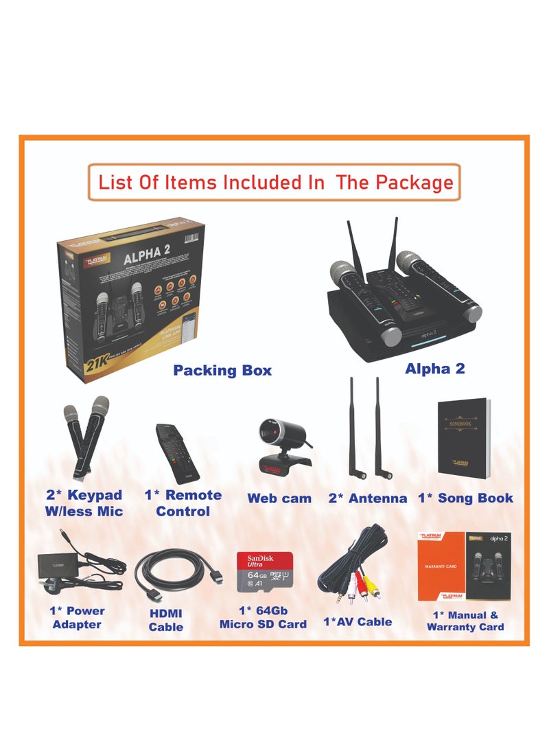 ALPHA 2 Full HD 4K Android Smart Karaoke Player With 2 Digital UHF Keypad Wireless Mic & 26K+ Mixed Language FILIPINO, ENGLISH , INDIAN & RUSSIAN Karaoke Songs Included & Youtube Karaoke