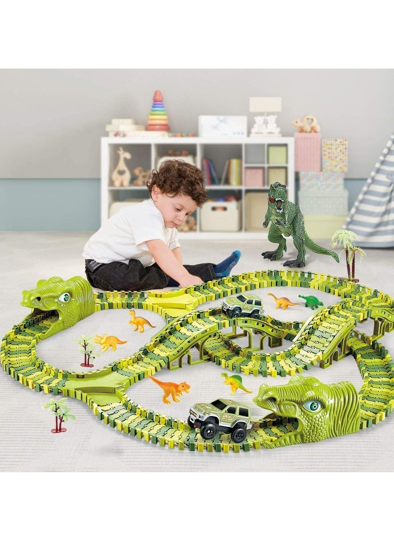 Dinosaur Car Race Track Toys, 270 Pcs Dinosaur Toy with 2 Cars Playset, Includes 240 Flexible Train Track, 7 Dinosaur and 2 Dinosaur Head Best Gift for Boys Girls Ages 3 4 5 6 7Years Old and Up