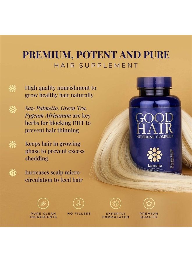 Good Hair Growth Vitamins with Biotin for Longer, Thicker Hair - Ideal for All Hair Types - Plus DHT Blocker & Saw Palmetto, 60 Tabs