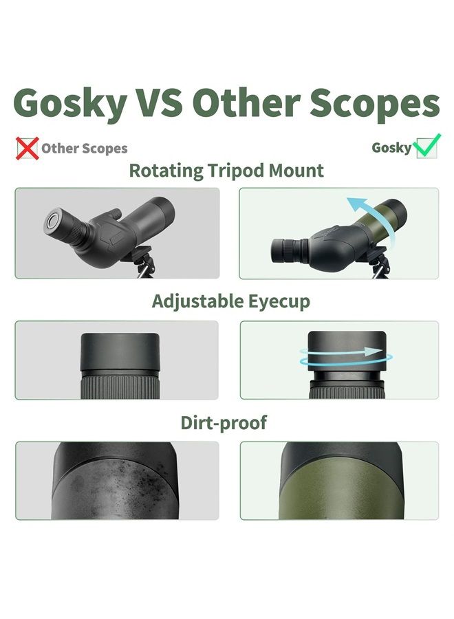 20-60x60 HD Spotting Scope with Tripod, Carrying Bag and Scope Phone Adapter - BAK4 45 Degree Angled Spotter Scope for Target Shooting Hunting Bird Watching Wildlife Scenery
