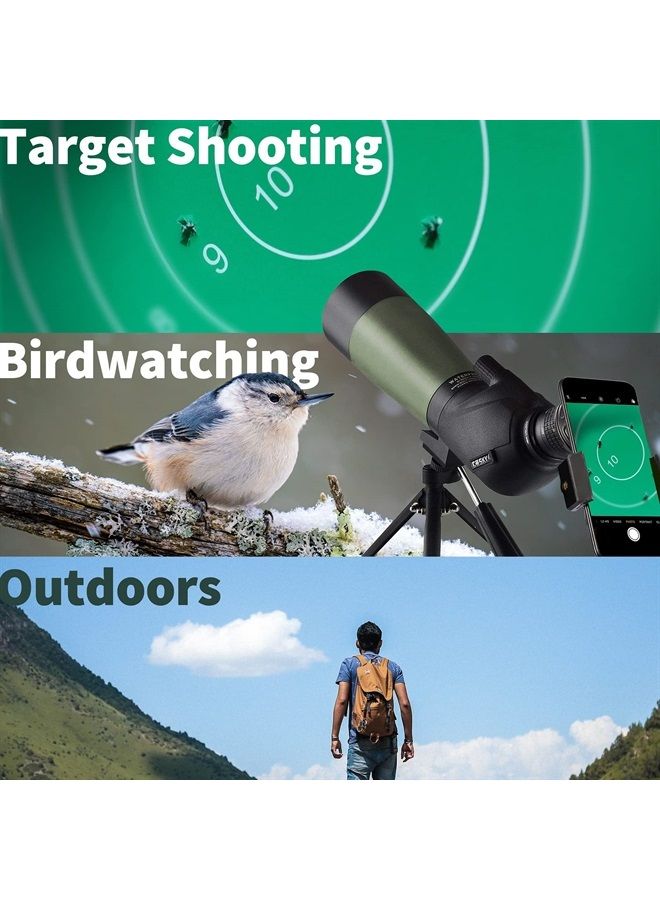 20-60x60 HD Spotting Scope with Tripod, Carrying Bag and Scope Phone Adapter - BAK4 45 Degree Angled Spotter Scope for Target Shooting Hunting Bird Watching Wildlife Scenery