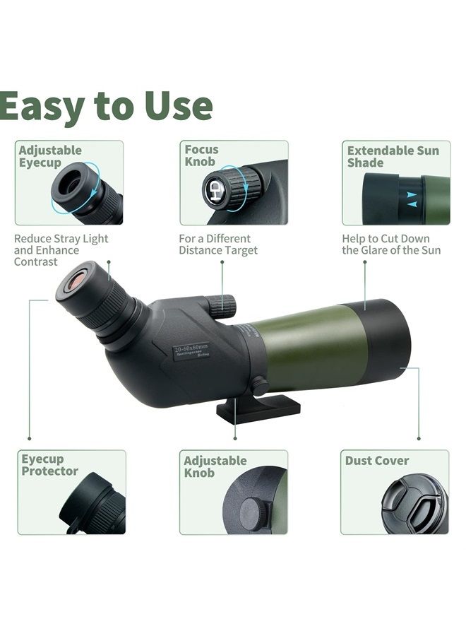 20-60x60 HD Spotting Scope with Tripod, Carrying Bag and Scope Phone Adapter - BAK4 45 Degree Angled Spotter Scope for Target Shooting Hunting Bird Watching Wildlife Scenery