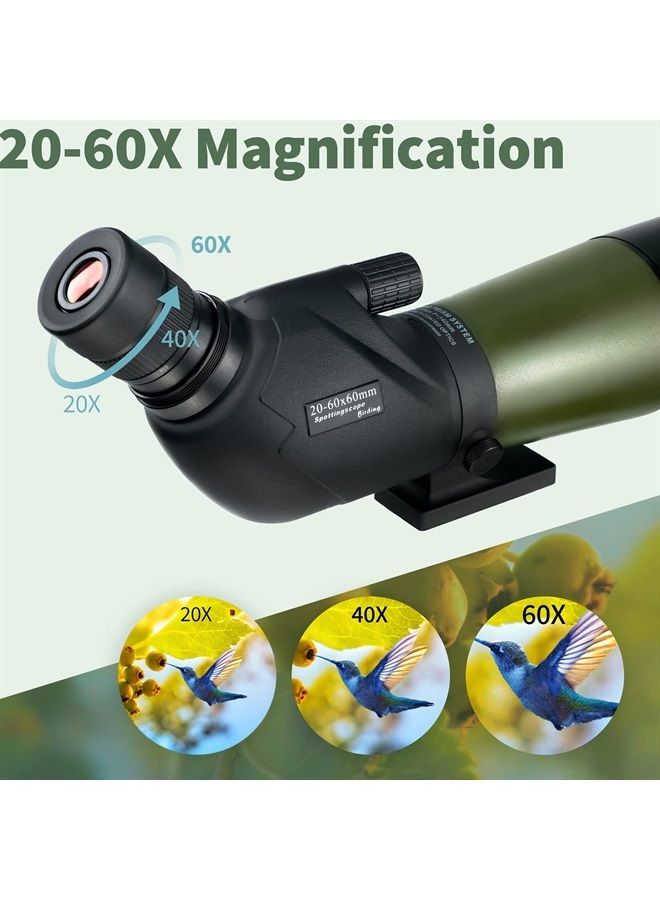 20-60x60 HD Spotting Scope with Tripod, Carrying Bag and Scope Phone Adapter - BAK4 45 Degree Angled Spotter Scope for Target Shooting Hunting Bird Watching Wildlife Scenery