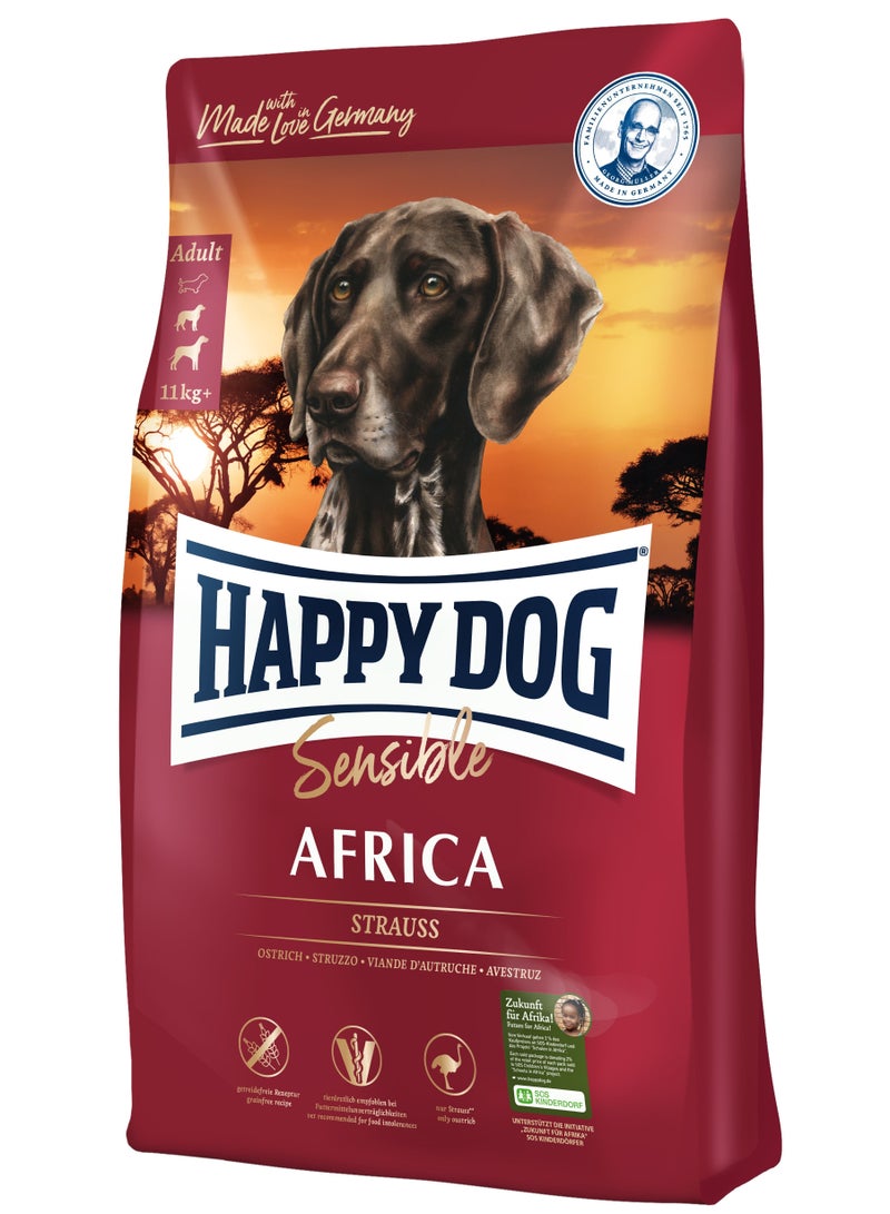 12.5kg Happy Dog - Super Premium Sensible Africa Grain free with pure ostrich meat and gluten free potatoes for adult sensitive dogs with food intolerance