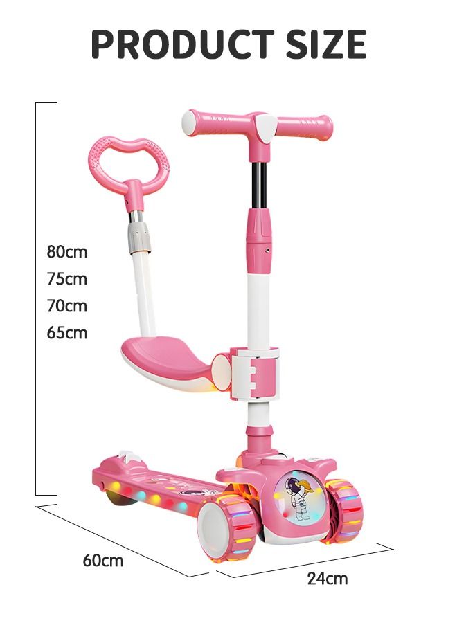 3-in-1 Folding Kids Scooter with Music And Light, Flashing Wheels, Adjustable Push Bar & Seat & Handlebar, Widened Non-Slip Deck, 3 Wheel Kick Scooter for Boys Girls