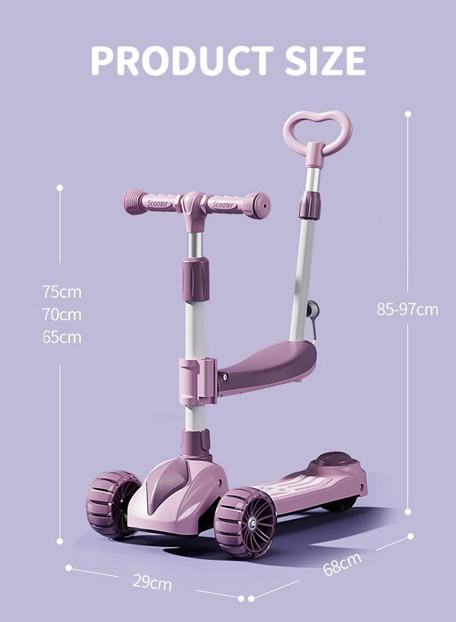 3-in-1 Kids Folding Scooter with Music And Light, Flashing Wheels, Adjustable Push Bar & Seat & Handlebar, Widened Non-Slip Deck, 3 Wheel Kick Scooter for Boys Girls