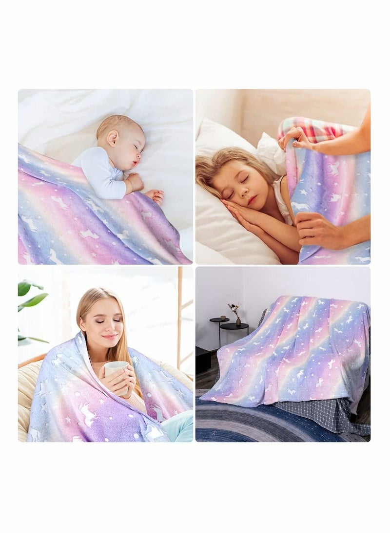 Glow in The Dark Throw Blanket Super Soft Flannel Fleece 100 x 150cm Warm Cozy Furry for Kids Decorated with Stars and Horse Holiday Birthday Gift Girls Boys Teens