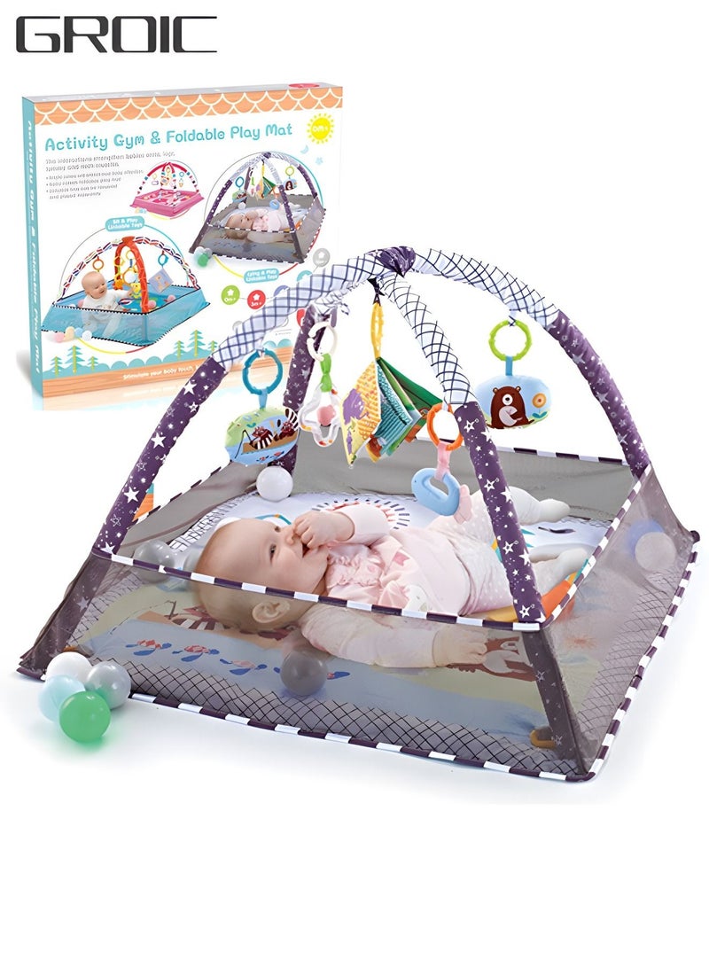 Baby Play Gym, Baby Play Mat Newborn with Padded Base Lightweight Foam Stand, 5 Hanging Toys and 18 Ocean Balls Washable Playmats & Floor Gyms for 0-36 Months