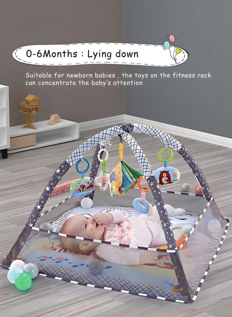 Baby Play Gym, Baby Play Mat Newborn with Padded Base Lightweight Foam Stand, 5 Hanging Toys and 18 Ocean Balls Washable Playmats & Floor Gyms for 0-36 Months