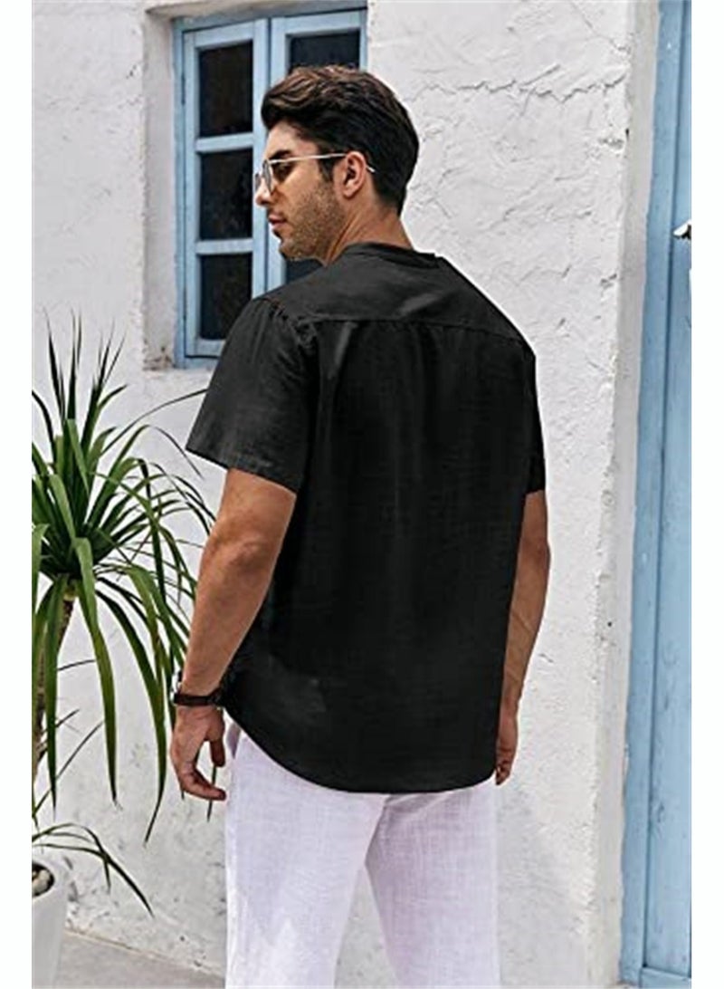 Men's Summer Loose Shirts Cotton Linen Button-Up Tops Short Sleeve V-Neck Henley Shirts Casual Comfort Beach Shirts