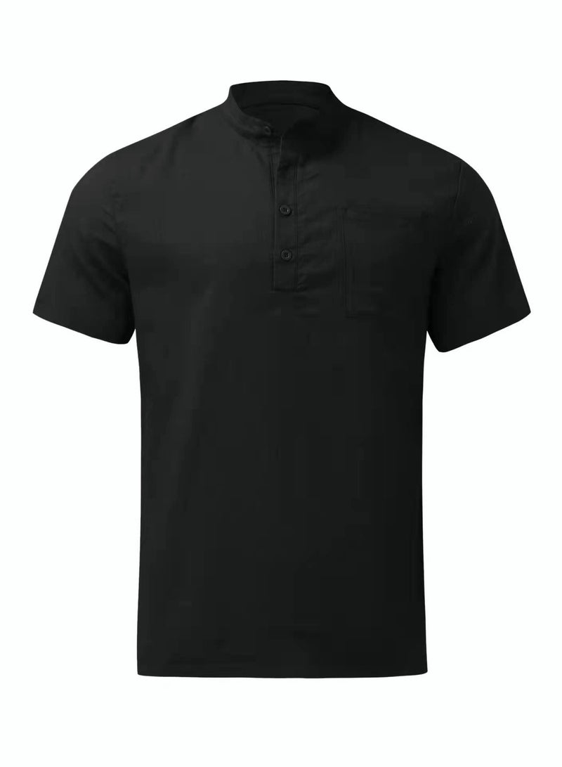 Men's Summer Loose Shirts Cotton Linen Button-Up Tops Short Sleeve V-Neck Henley Shirts Casual Comfort Beach Shirts