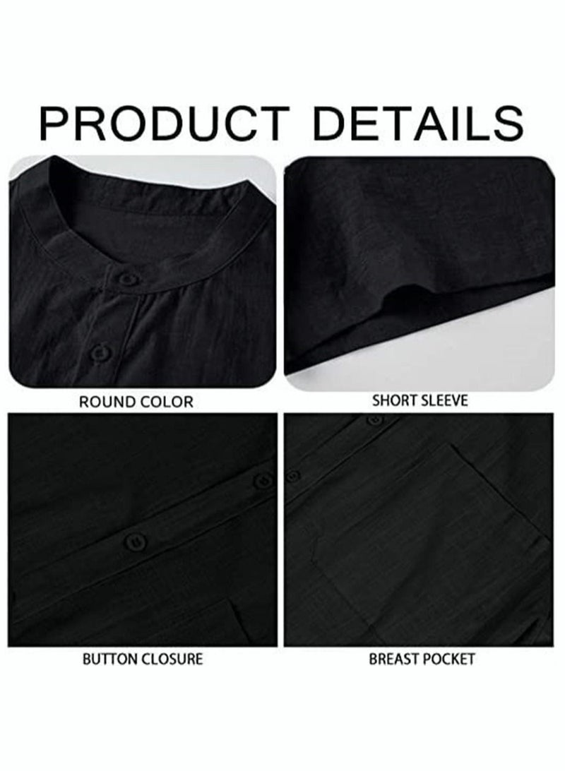 Men's Summer Loose Shirts Cotton Linen Button-Up Tops Short Sleeve V-Neck Henley Shirts Casual Comfort Beach Shirts