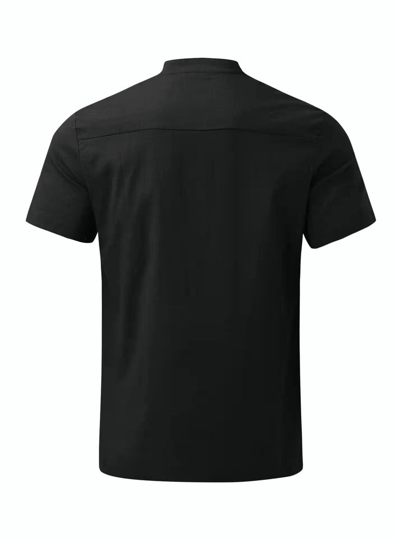 Men's Summer Loose Shirts Cotton Linen Button-Up Tops Short Sleeve V-Neck Henley Shirts Casual Comfort Beach Shirts