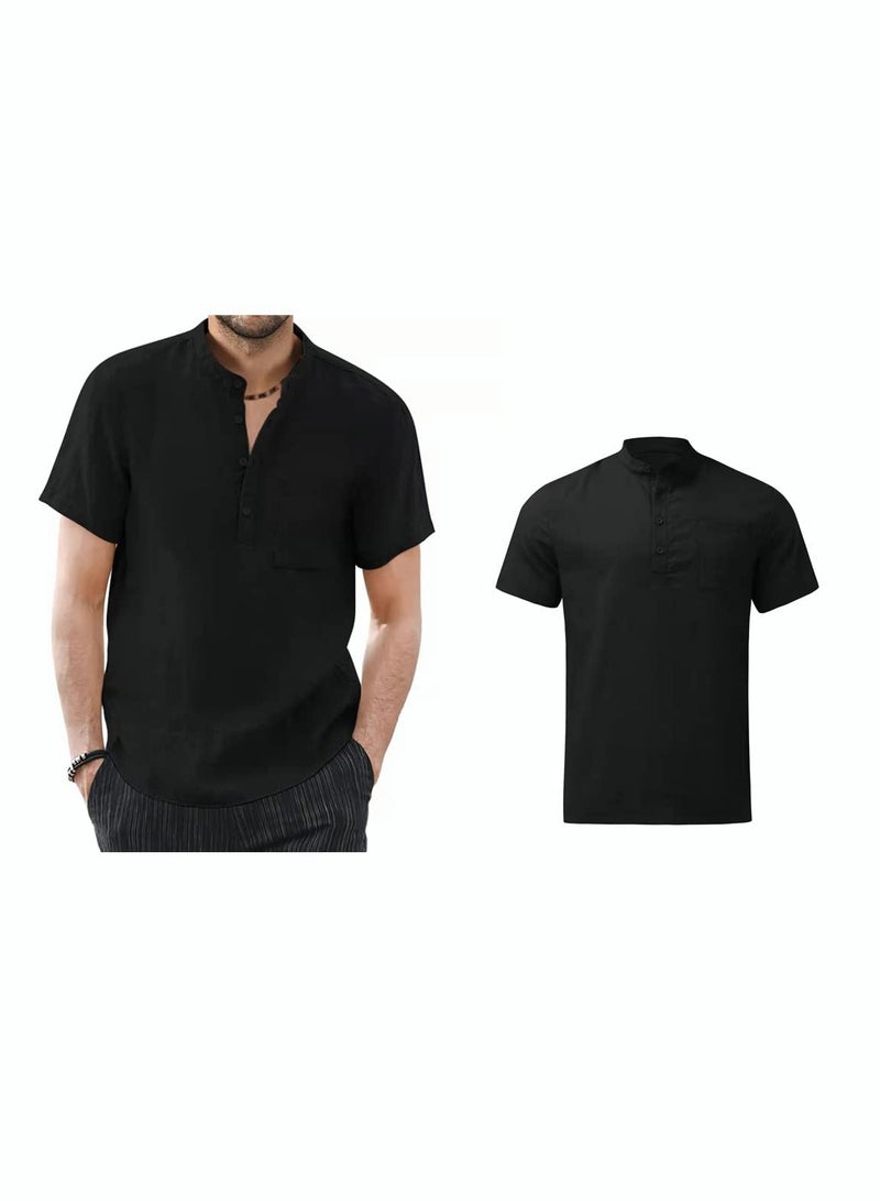 Men's Summer Loose Shirts Cotton Linen Button-Up Tops Short Sleeve V-Neck Henley Shirts Casual Comfort Beach Shirts
