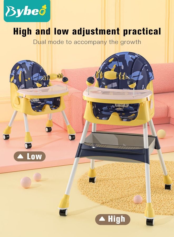 Baby High Chair for Toddlers, Foldable High Chairs with Adjustable Seat Heigh Recline with 4 Wheels and Removable Tray