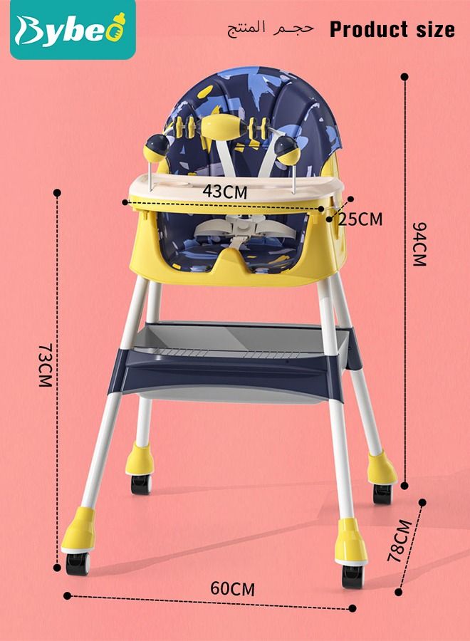 Baby High Chair for Toddlers, Foldable High Chairs with Adjustable Seat Heigh Recline with 4 Wheels and Removable Tray