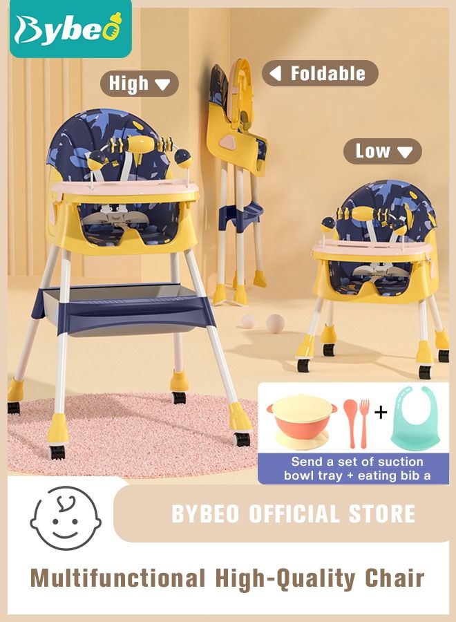 Baby High Chair for Toddlers, Foldable High Chairs with Adjustable Seat Heigh Recline with 4 Wheels and Removable Tray