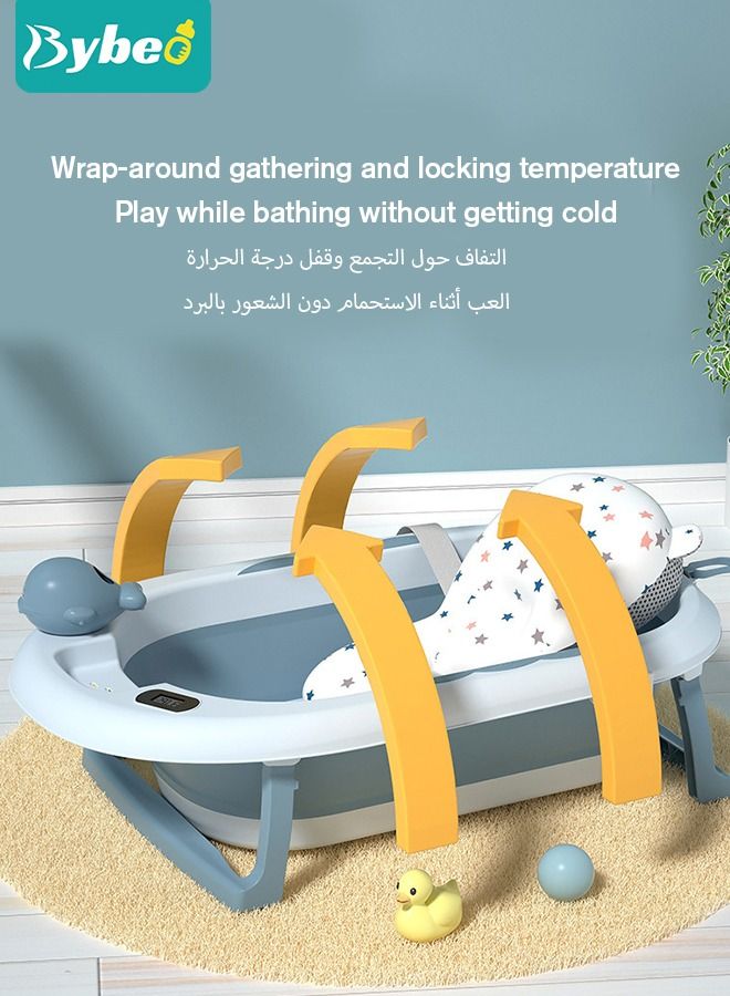 13 PCS Baby Bath Tub Foldable Bathtub With Temperature Sensing + Bathmat Cushion + Shower Cap + Washing Hair Shower Shampoo Cup *1 + Duckling toys *4 + Ocean Balls *5