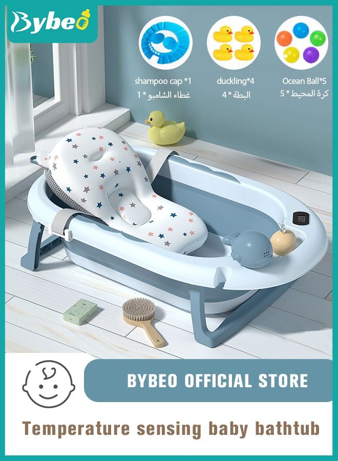 13 PCS Baby Bath Tub Foldable Bathtub With Temperature Sensing + Bathmat Cushion + Shower Cap + Washing Hair Shower Shampoo Cup *1 + Duckling toys *4 + Ocean Balls *5