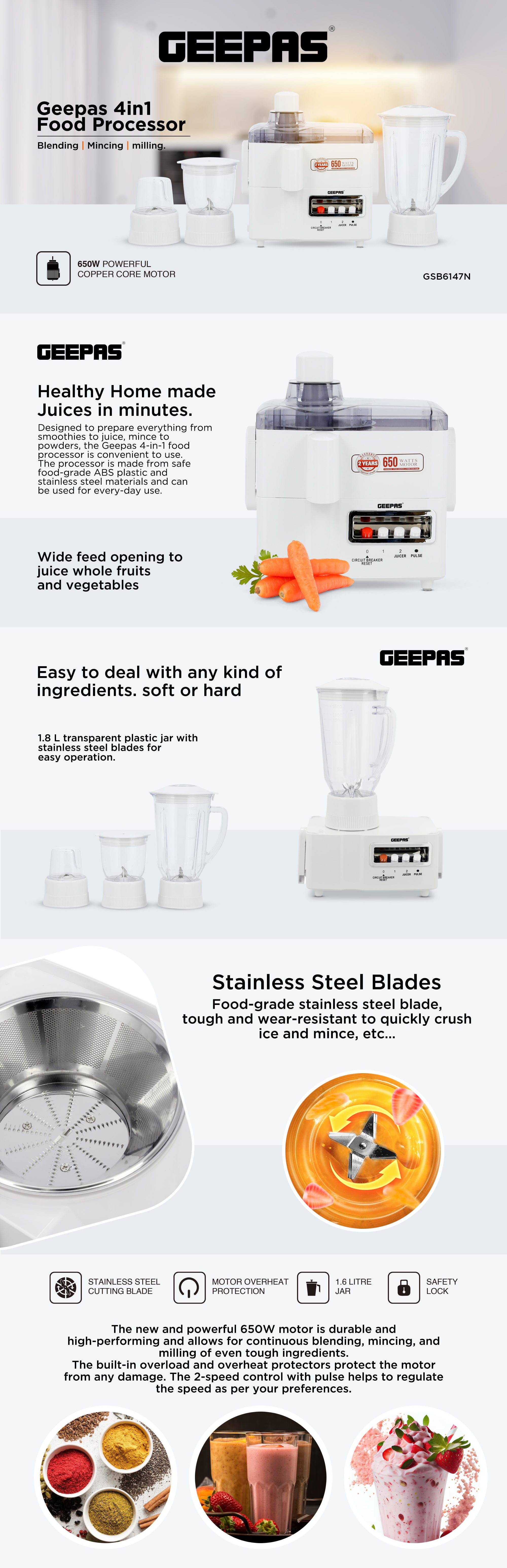 Multi-Functional 4-In-1 Food Processor (Juicer/Blender/ Grinder & Chopper) With Plastic Jar With SS Blades,2 Speed Control With Pulse 1.8 L 650 W GSB6147N White