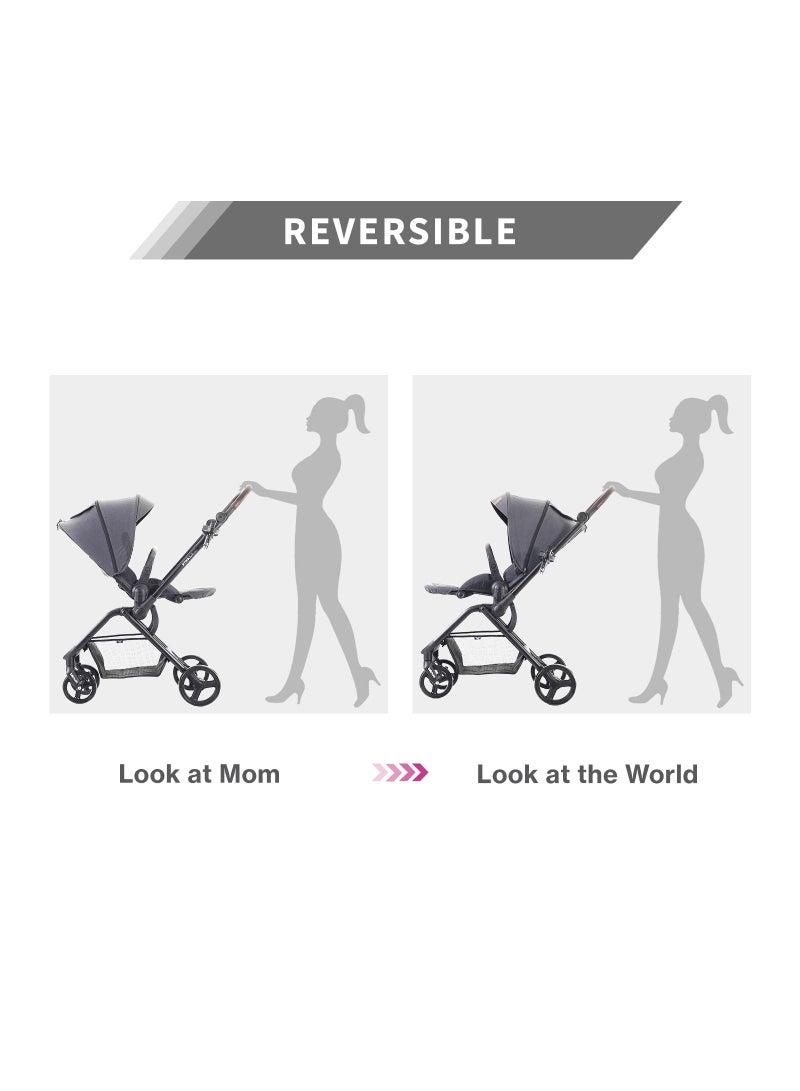 Lightweight Stroll - 1 Reversible Travel Baby Stroller With Large Basket - Grey