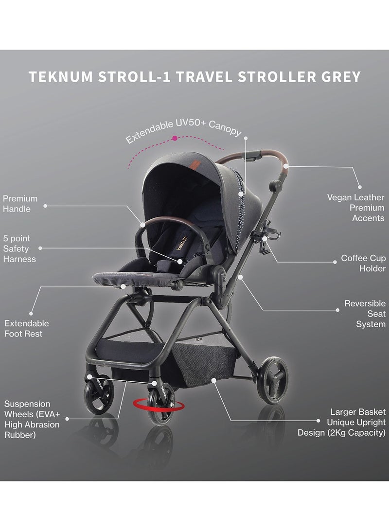 Lightweight Stroll - 1 Reversible Travel Baby Stroller With Large Basket - Grey