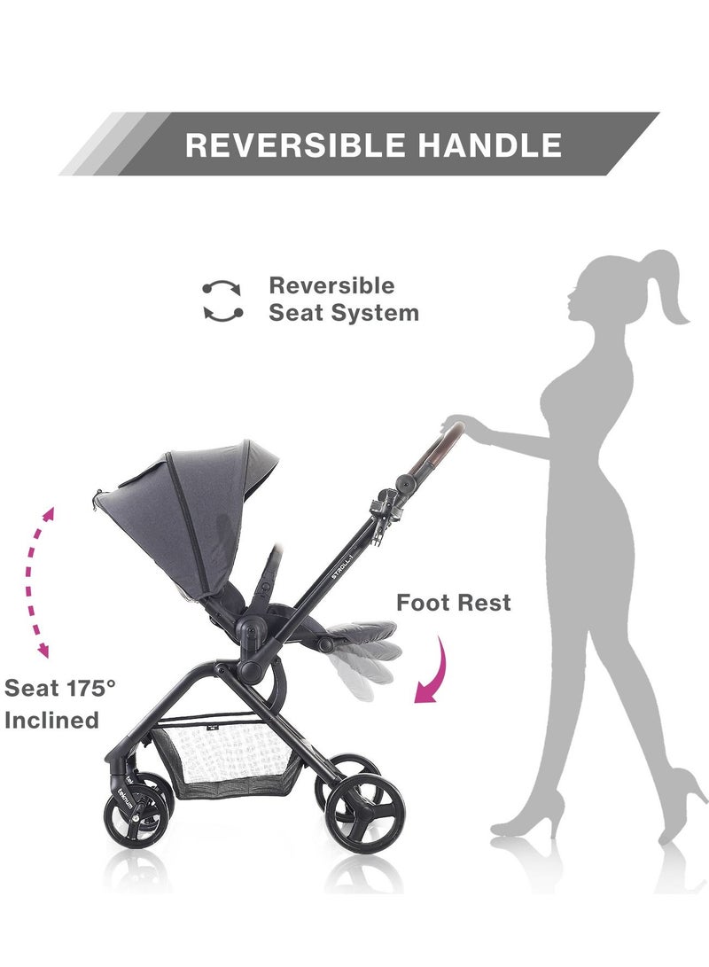 Lightweight Stroll - 1 Reversible Travel Baby Stroller With Large Basket - Grey