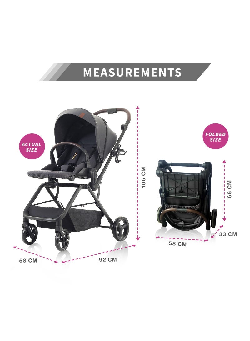 Lightweight Stroll - 1 Reversible Travel Baby Stroller With Large Basket - Grey