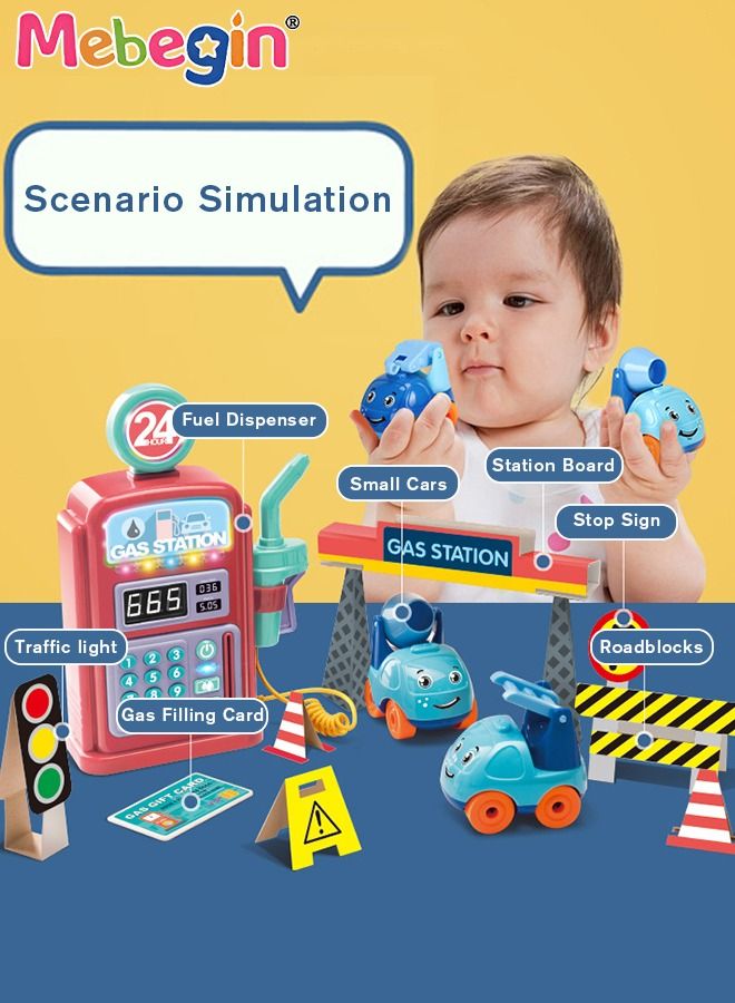 Swipeable Card Gas Station Role Play Sound and Light Toys Gas Station Pretend Toy with 10 Children's Songs Simulation Refueling LED Display Toy Best Gifts for Kids Early Educational