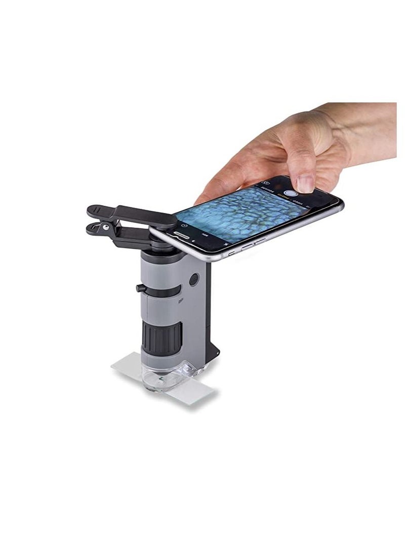 Carson MicroFlip 100x-250x LED and UV Lighted Pocket Microscope with Flip Down Slide Base and Smartphone Digiscoping Clip Bundle Included with 24 Prepared Insect and Animal Slides (MP-250BUN)