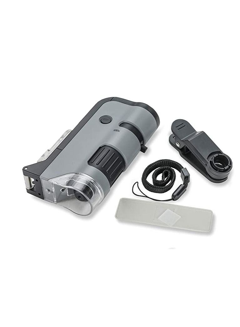 Carson MicroFlip 100x-250x LED and UV Lighted Pocket Microscope with Flip Down Slide Base and Smartphone Digiscoping Clip Bundle Included with 24 Prepared Insect and Animal Slides (MP-250BUN)