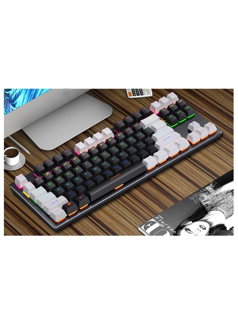 Mechanical Keyboard 87 Keys Suspended Translucent Keycaps Red Switch Colorful Backlit USB Wired Gaming Keyboard - White/Black