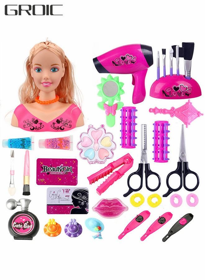 Hair Styling and Makeup Toys , Styling Head Dolls，Makeup and Hair Braid，Girls Doll Makeup Head Toys with Hair Dryer