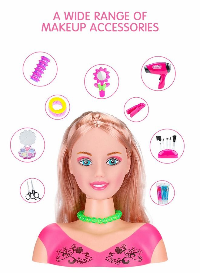 Hair Styling and Makeup Toys , Styling Head Dolls，Makeup and Hair Braid，Girls Doll Makeup Head Toys with Hair Dryer