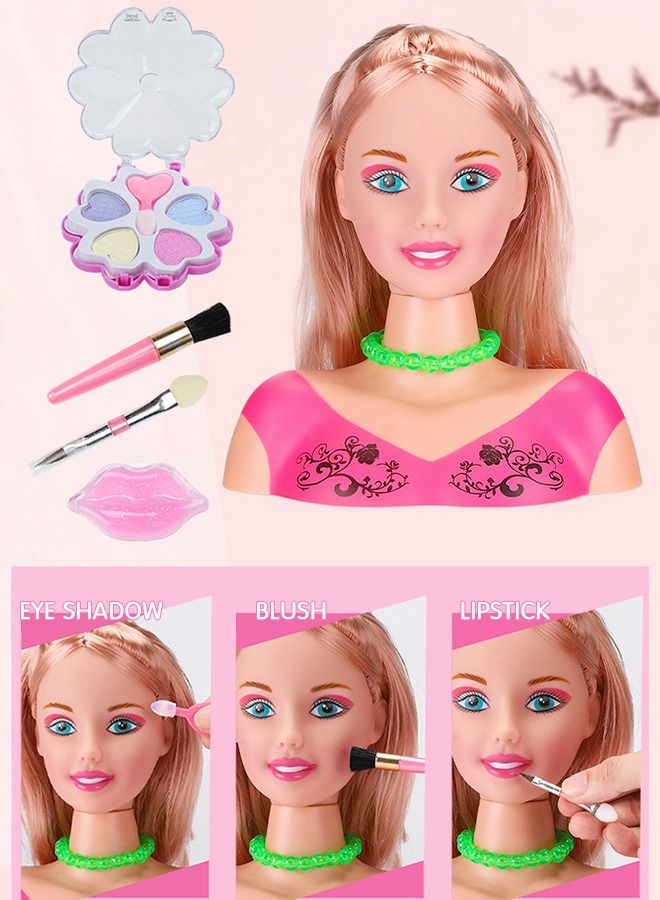 Hair Styling and Makeup Toys , Styling Head Dolls，Makeup and Hair Braid，Girls Doll Makeup Head Toys with Hair Dryer