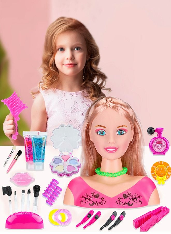 Hair Styling and Makeup Toys , Styling Head Dolls，Makeup and Hair Braid，Girls Doll Makeup Head Toys with Hair Dryer