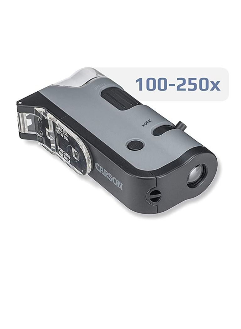 Carson MicroFlip 100x-250x LED and UV Lighted Pocket Microscope with Flip Down Slide Base and Smartphone Digiscoping Clip (MP-250)