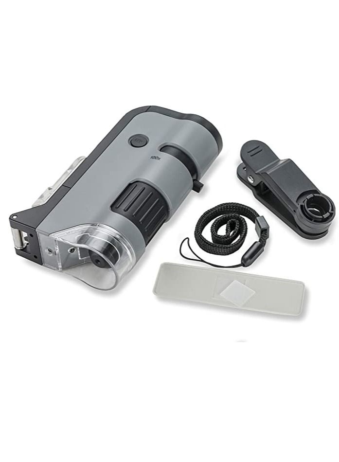 Carson MicroFlip 100x-250x LED and UV Lighted Pocket Microscope with Flip Down Slide Base and Smartphone Digiscoping Clip (MP-250)
